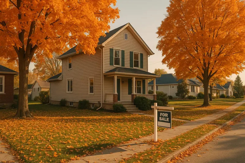 A Brantford street in autumn with a for sale sign among fall leaves