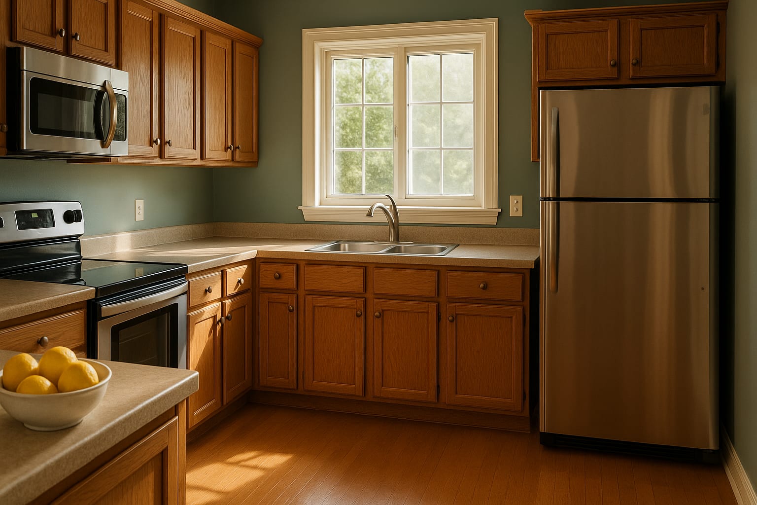 A sunlit kitchen with spotless counters and streak-free windows