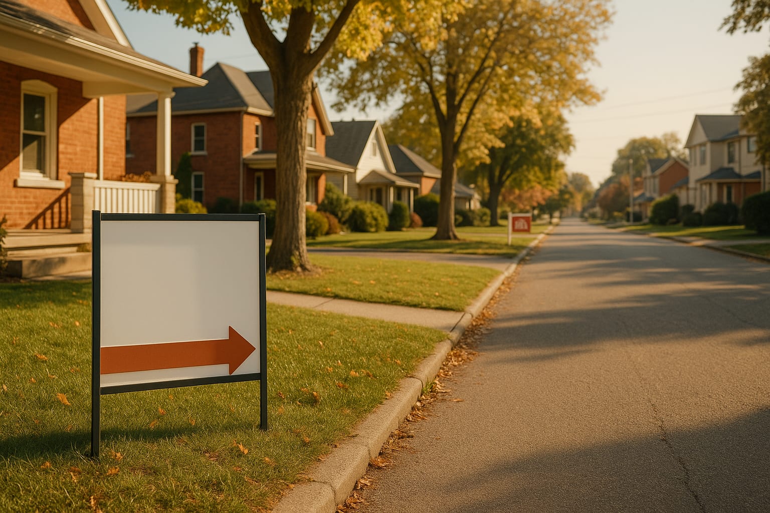 An open-house sign on a residential Brantford street on a bright weekend morning