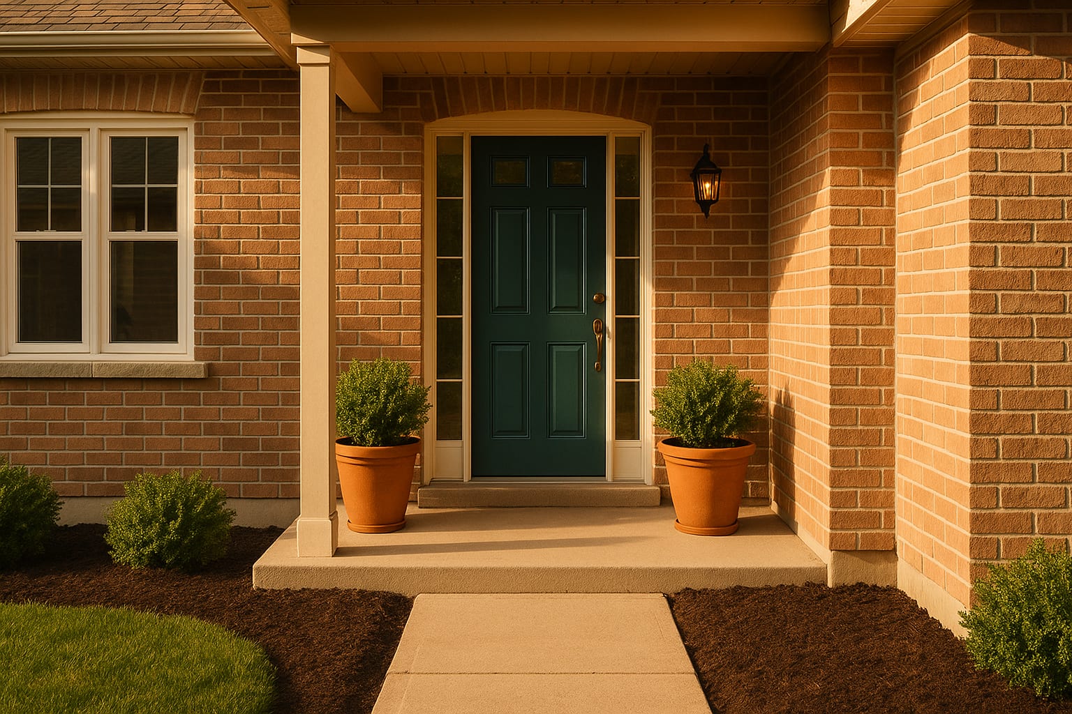 A tidy front entrance with a freshly painted door, planters and fresh mulch