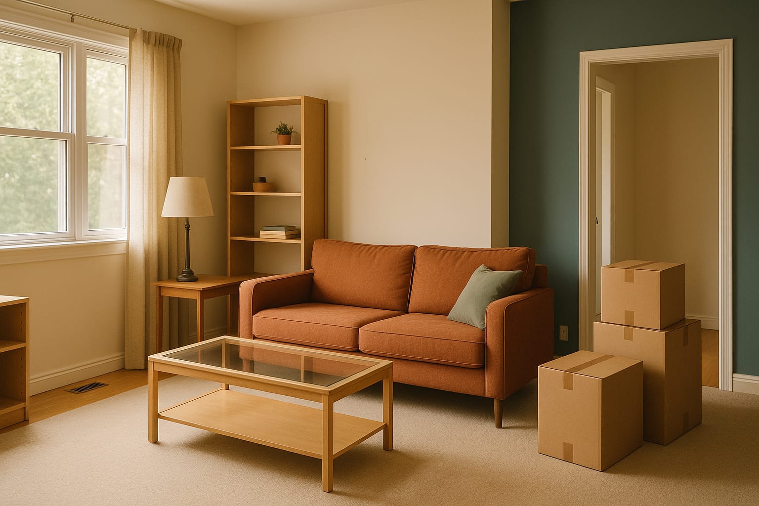 A bright living room mid-declutter, half-packed moving boxes stacked by the door