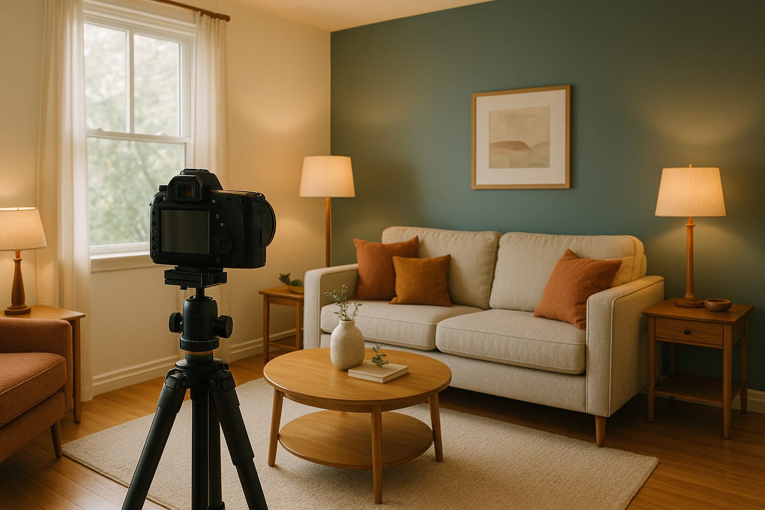 A camera on a tripod in a tidy, empty, well-lit living room set up for listing photography