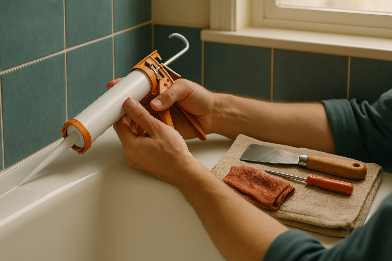 Close-up of hands re-caulking a bathroom fixture with tools laid out nearby