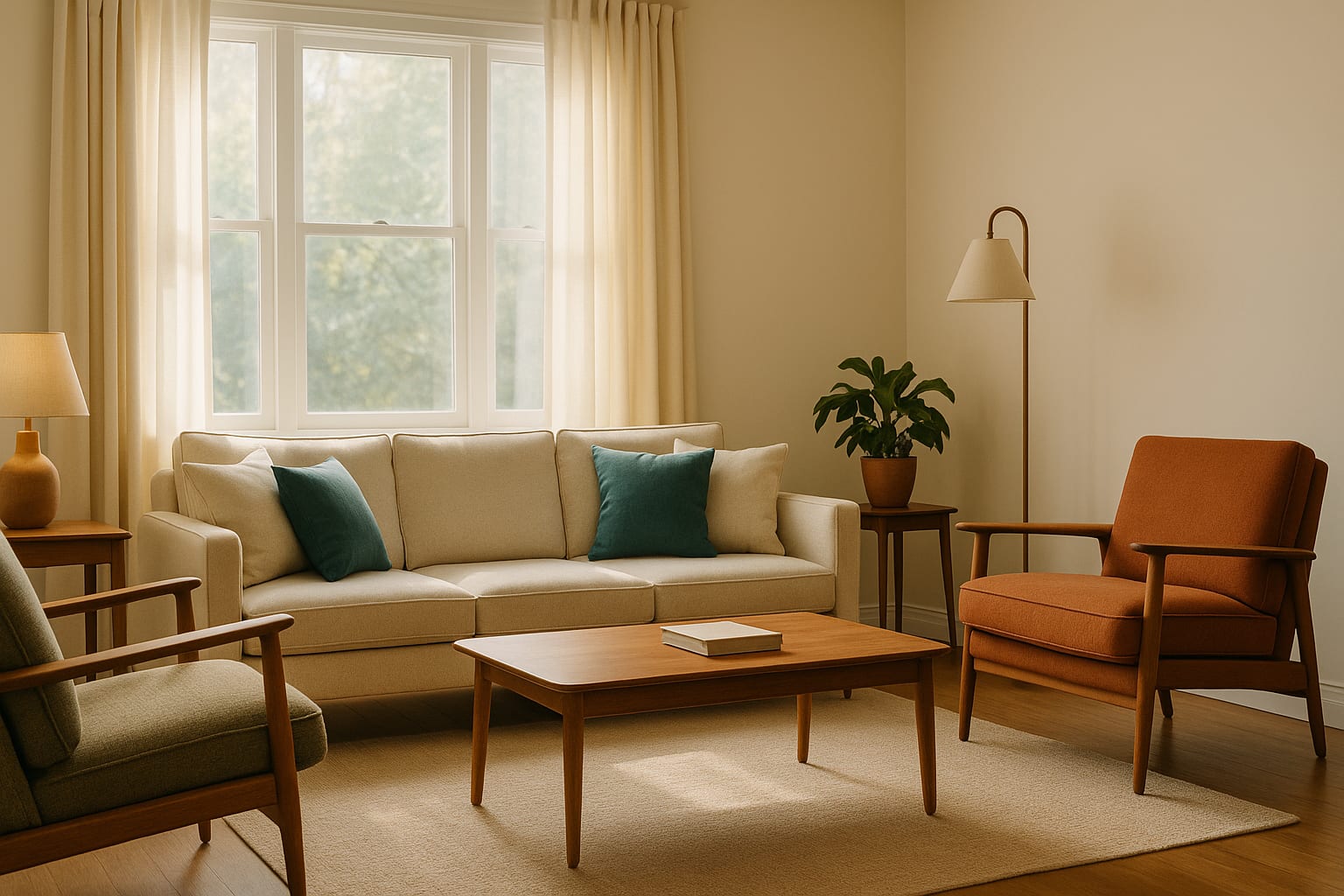 A staged living room with furniture floated off the walls and layered lighting